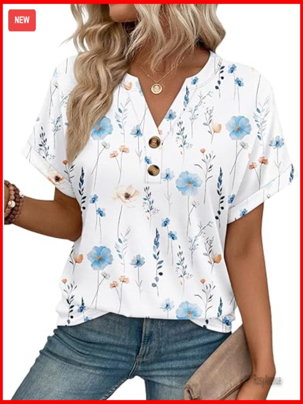 Henley V Neck Blouse Short Sleeve Flowy Tunic Dressy Casual Top